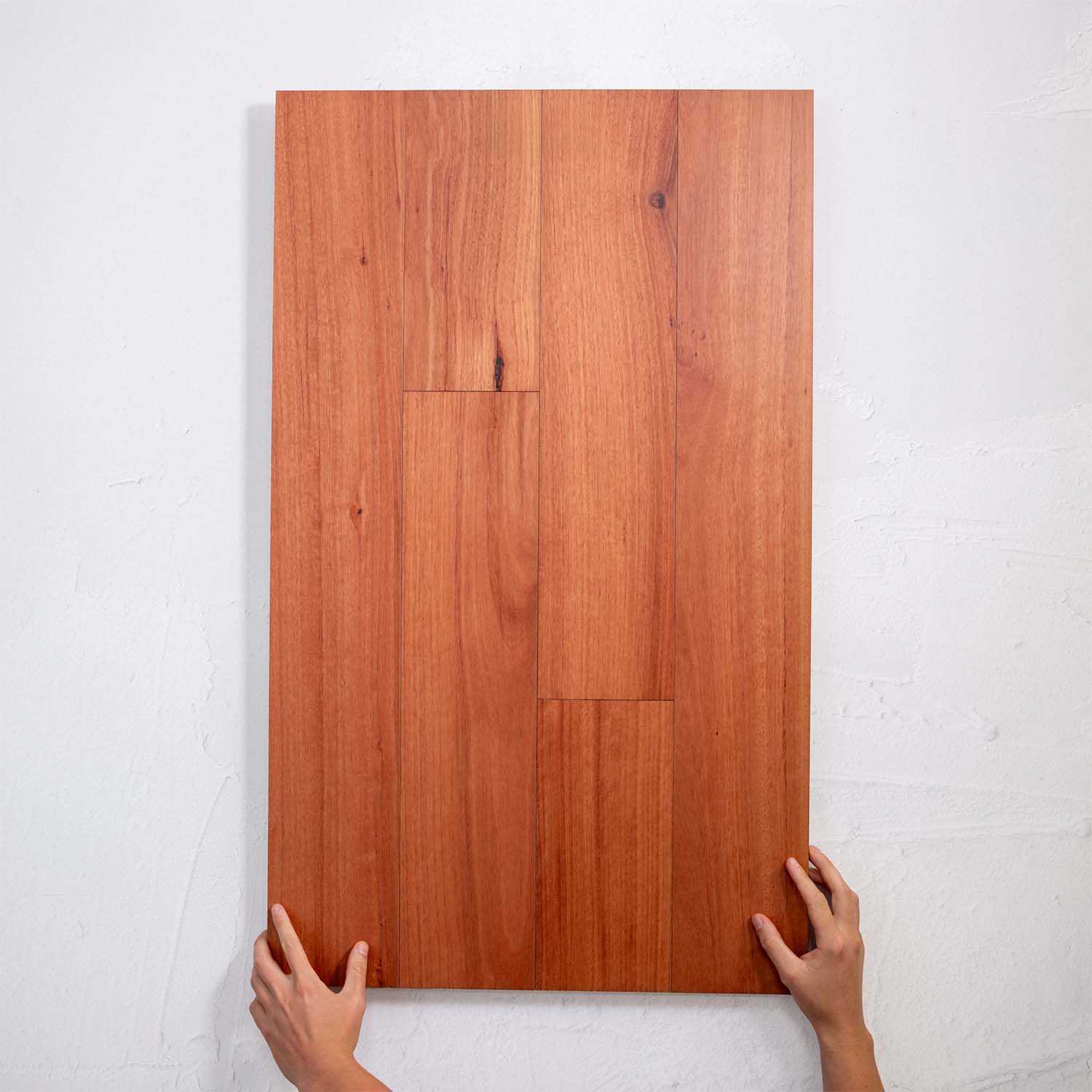 Angled view of Blue Gum Australian Hardwood 14.3mm in Blue Gum colour warm tone timber flooring sample