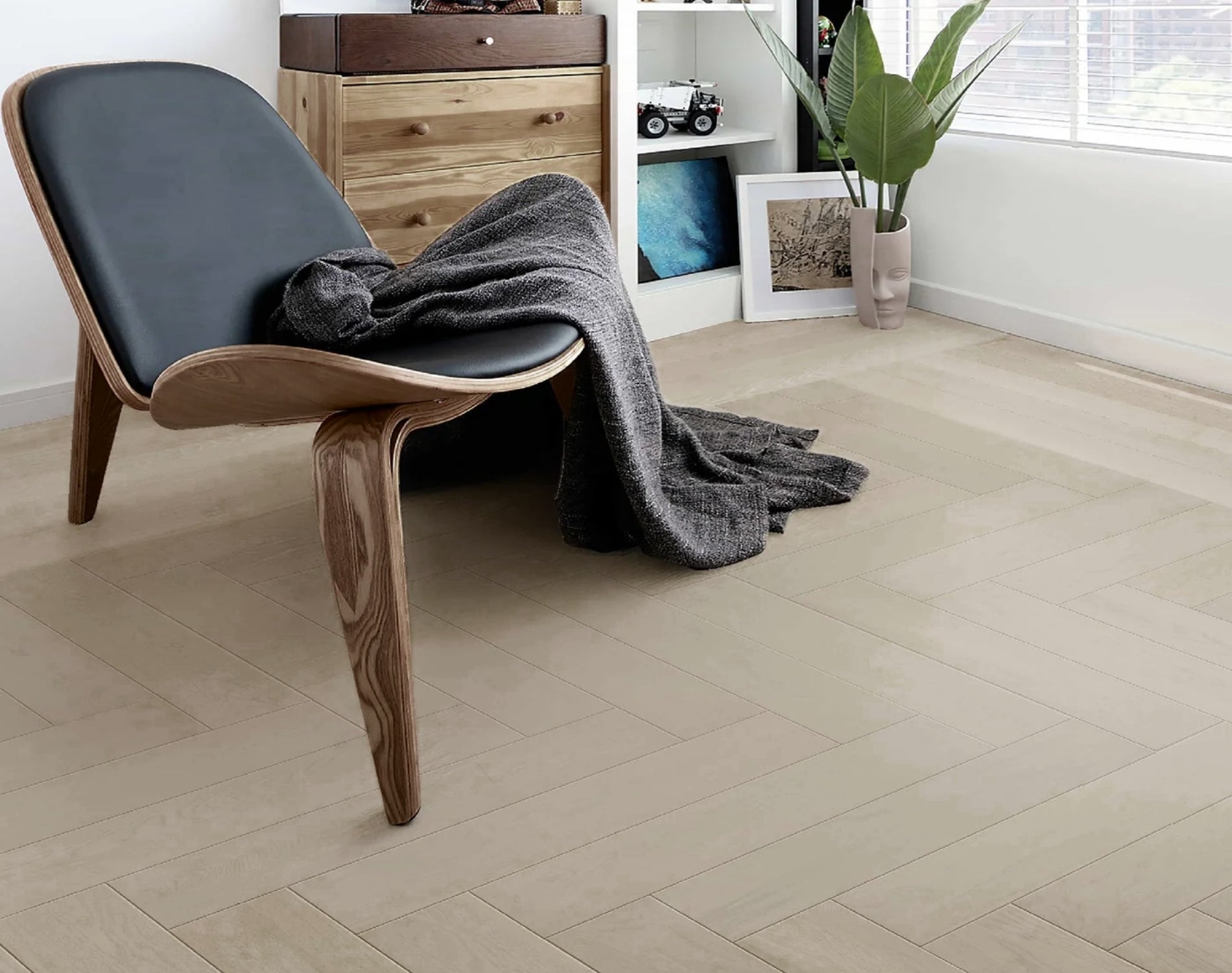 Profile view of Casper White Engineered Timber Herringbone 15.3mm in Casper White colour light tone herringbone flooring sample