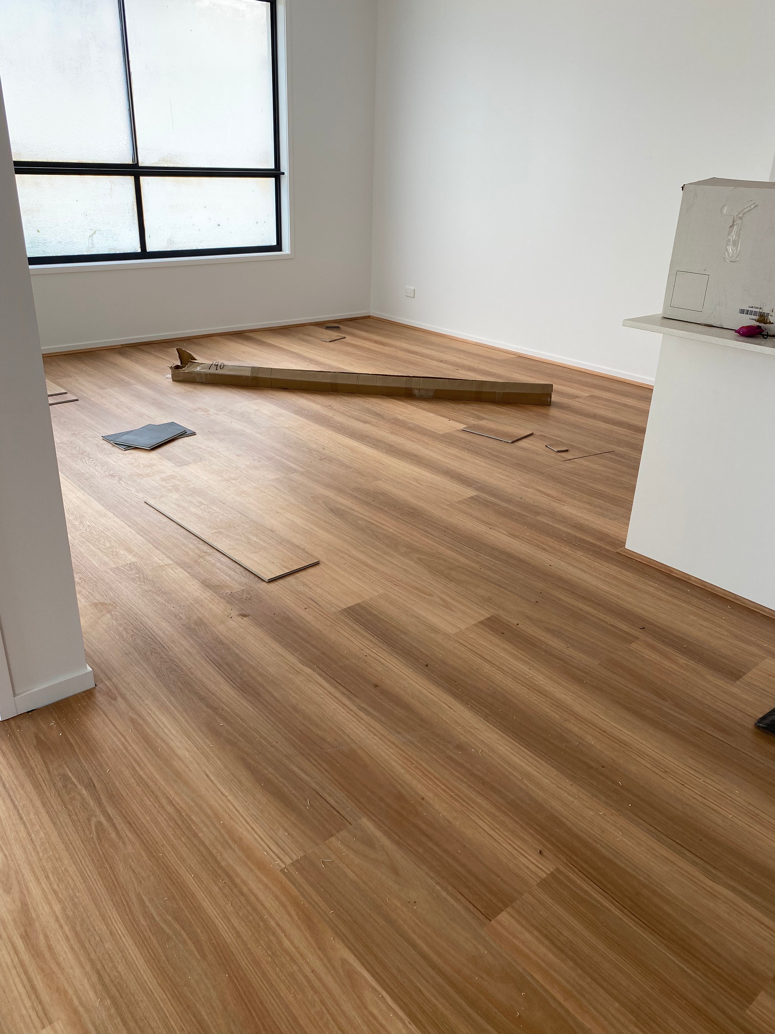 Installed room view of Natural Blackbutt SPC 9.5mm SPC hybrid flooring sample