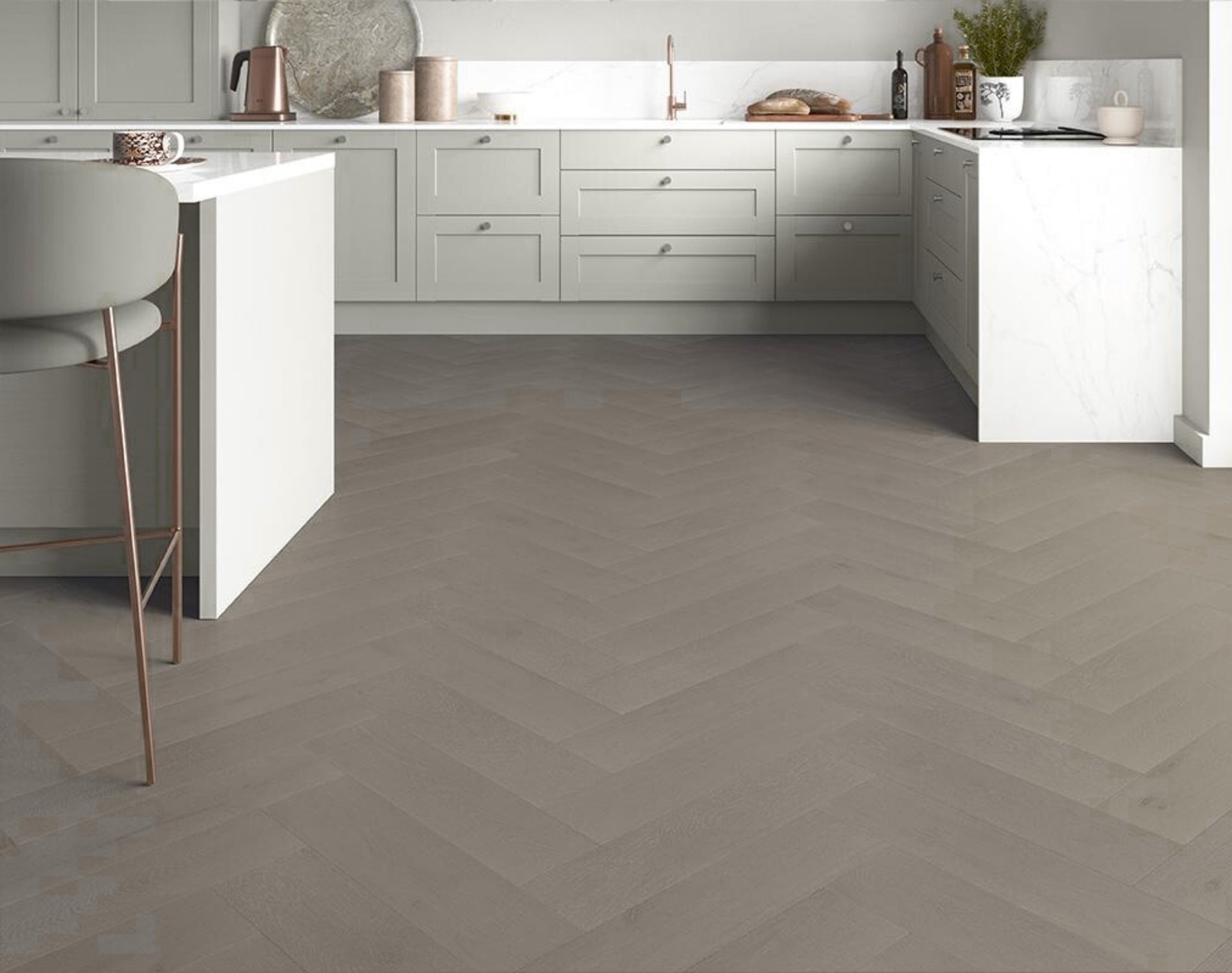 Front view of Pale Oak Engineered Timber Herringbone 15.3mm in Pale Oak colour warm tone herringbone flooring sample