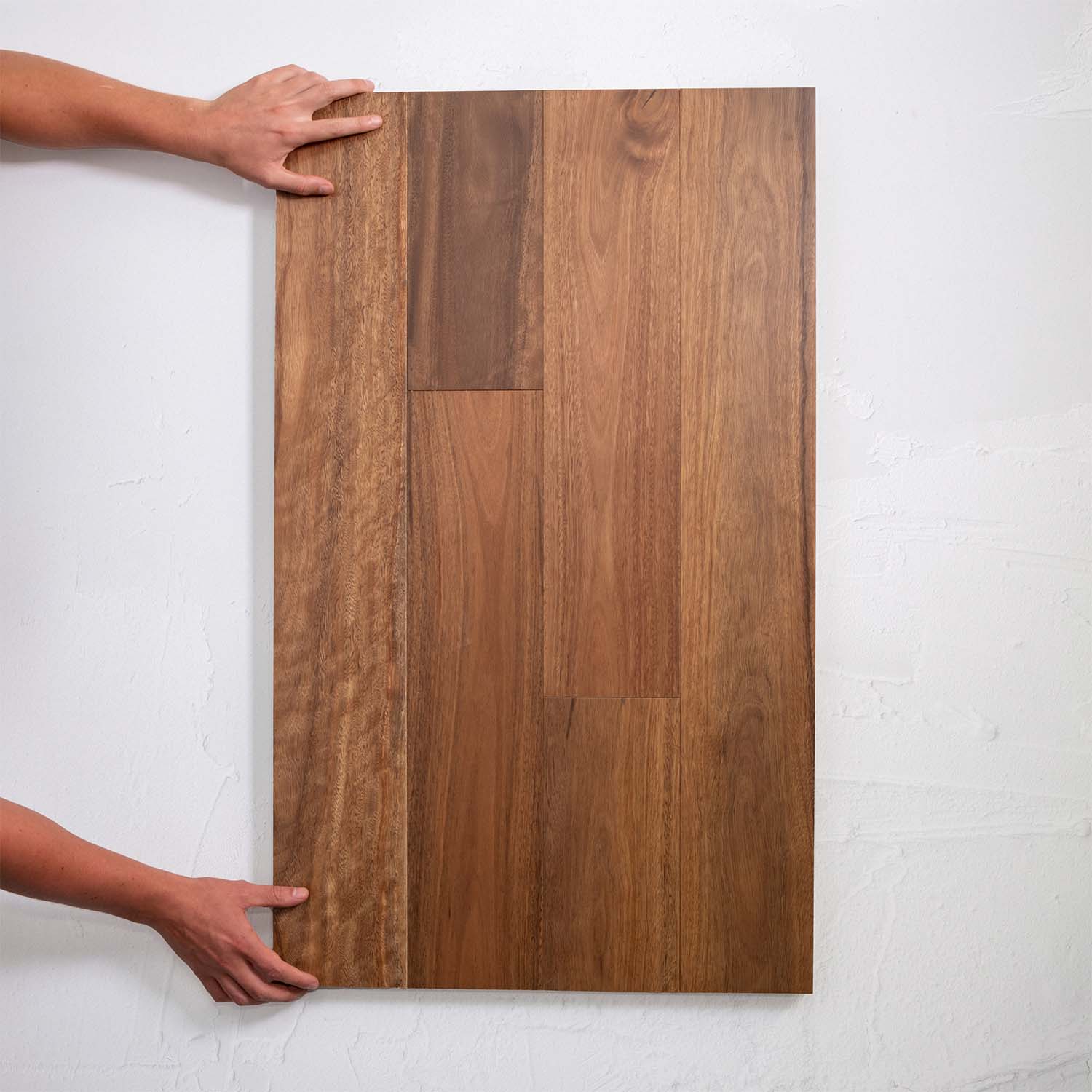 Flat lay of Spotted Gum Australian Hardwood 14.3mm in Spotted Gum colour warm tone timber flooring sample