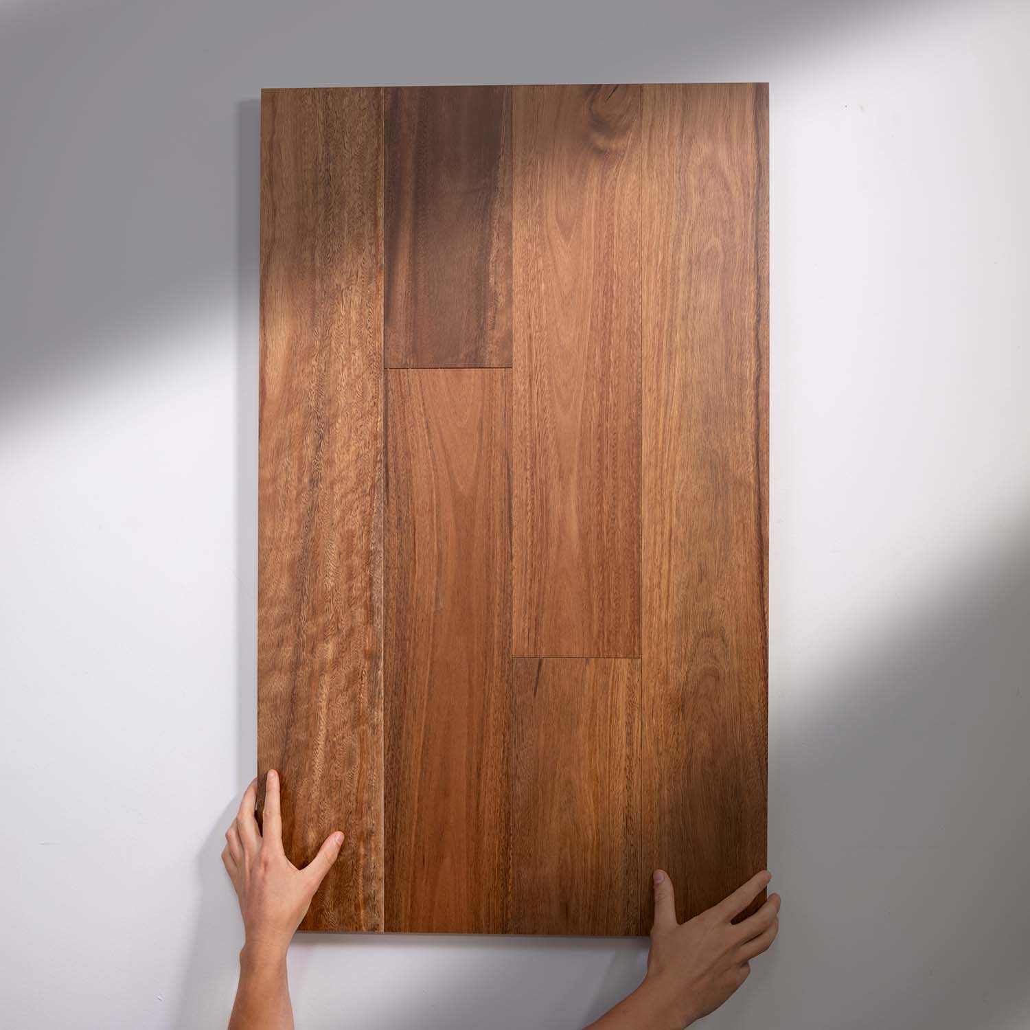 Angled view of Spotted Gum Australian Hardwood 14.3mm in Spotted Gum colour warm tone timber flooring sample