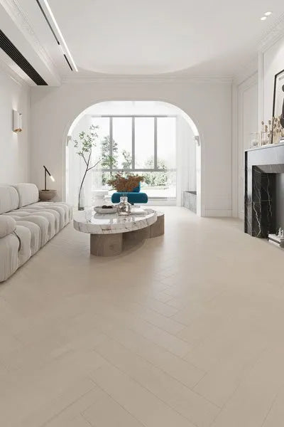 Full view of Casper White Engineered Timber Herringbone 15.3mm in Casper White colour light tone herringbone flooring sample